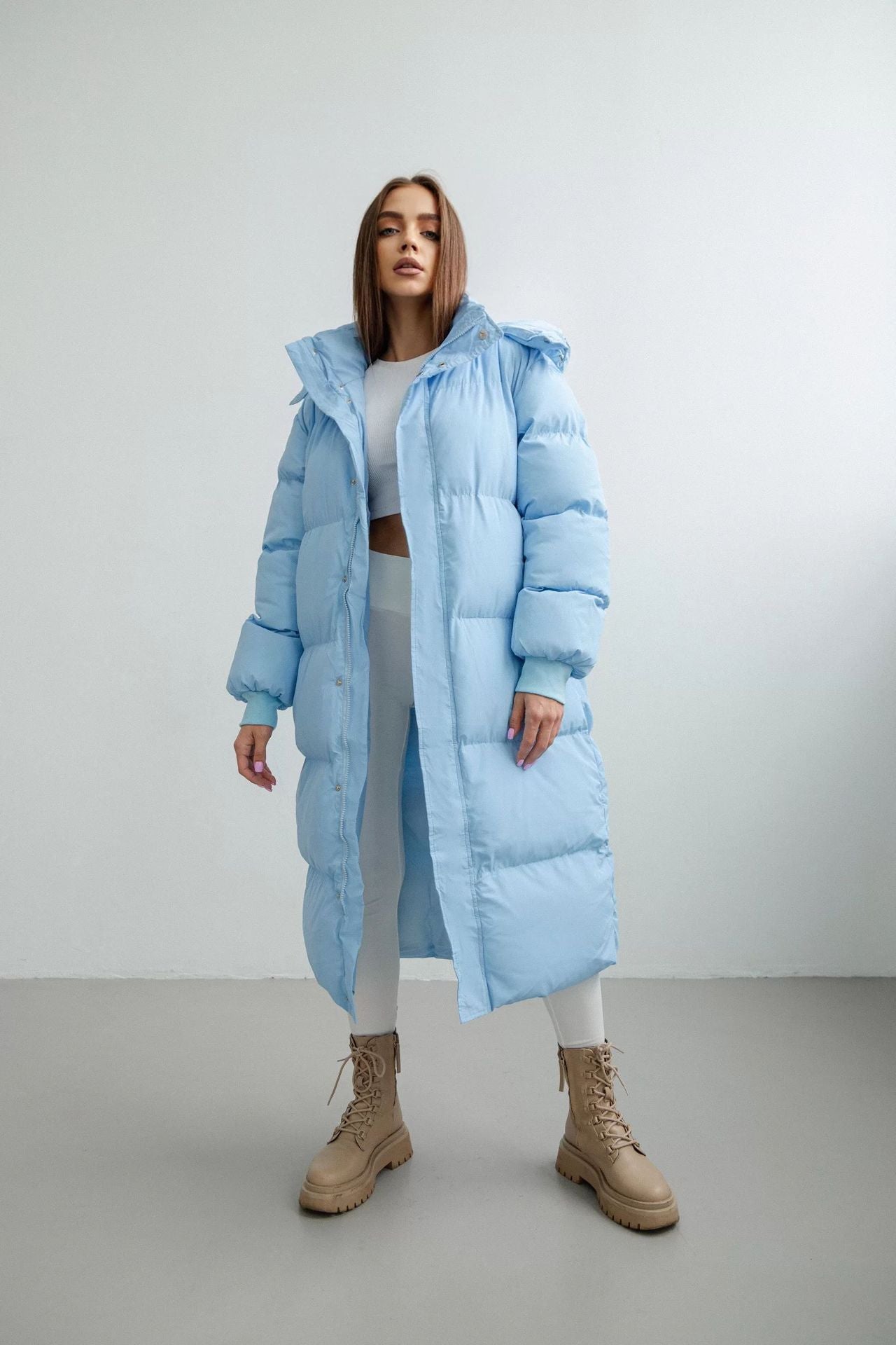 Women’s Long Puffer Trench Coat – Oversized Fit – Quilted Insulated – Hooded Zip Closure Blue