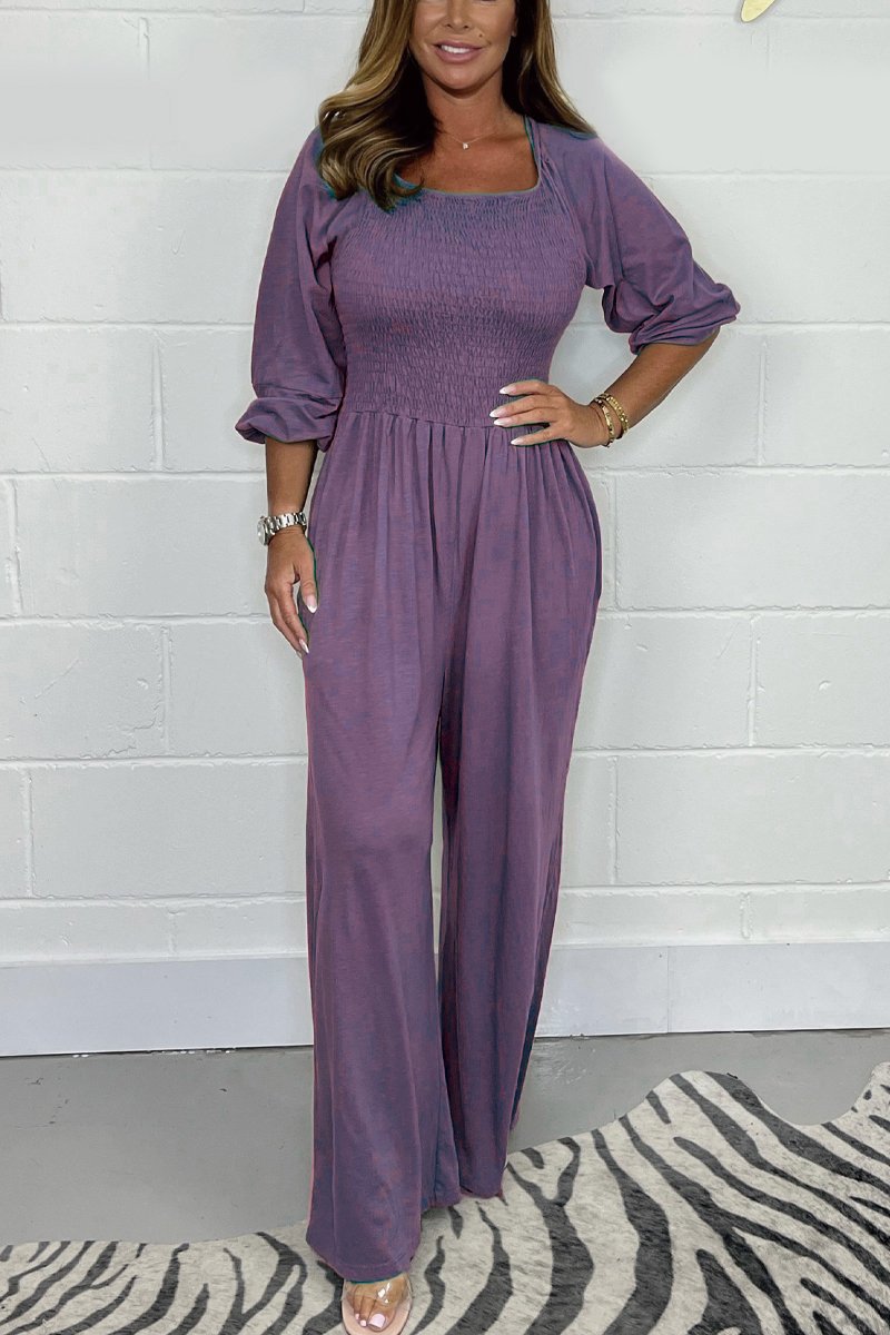 Women’s Jumpsuit – Smocked Bodice – Cotton Blend – Wide Leg – 3/4 Sleeve – Square Neck Purple