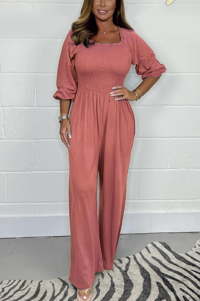 Women’s Jumpsuit – Smocked Bodice – Cotton Blend – Wide Leg – 3/4 Sleeve – Square Neck Pink
