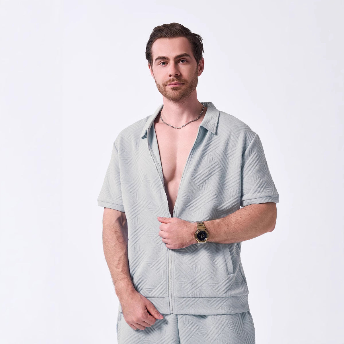 Men's Geometric Short Sleeve Zip Shirt - UrbanEdge Grey