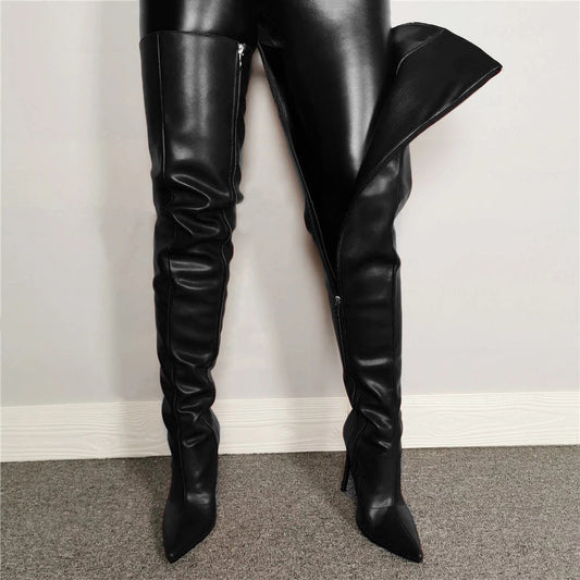 Women’s Over-the-Knee Boots – High Heel – Pointed Toe – Glossy Finish – Sleek Fit Black
