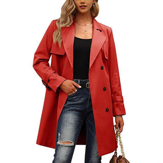 Women's Wool Blend Coat - Tailored Double-Breasted Elegance - WinterMuse Red
