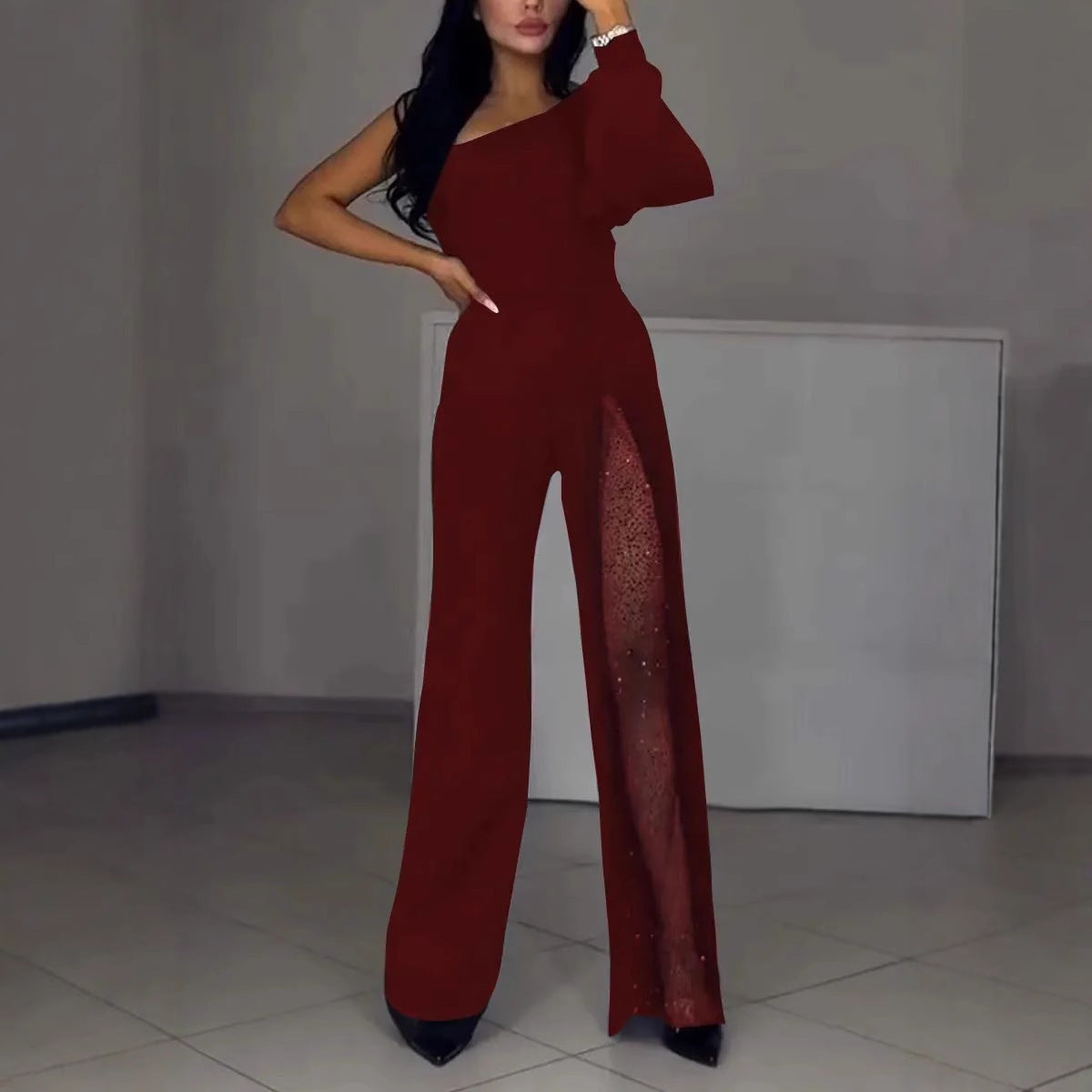 Women’s Jumpsuit – Slim Fit – Asymmetrical Neckline – Sequin Leg Panel – Full Length Red