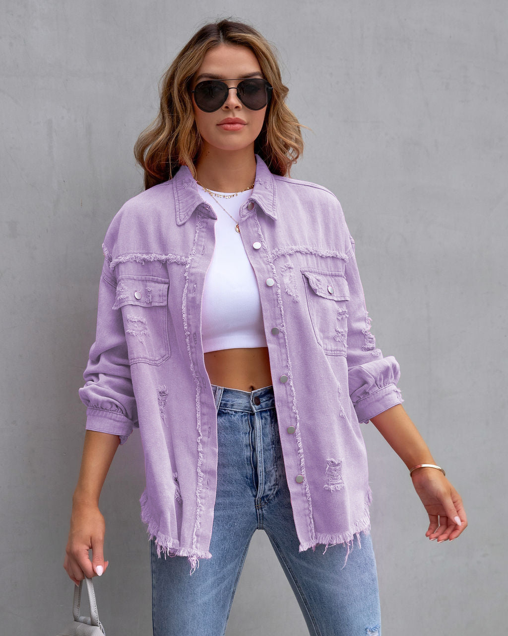 Women’s Denim Jacket – Oversized Fit – Distressed Mid Length – Casual Layering Piece Light Purple