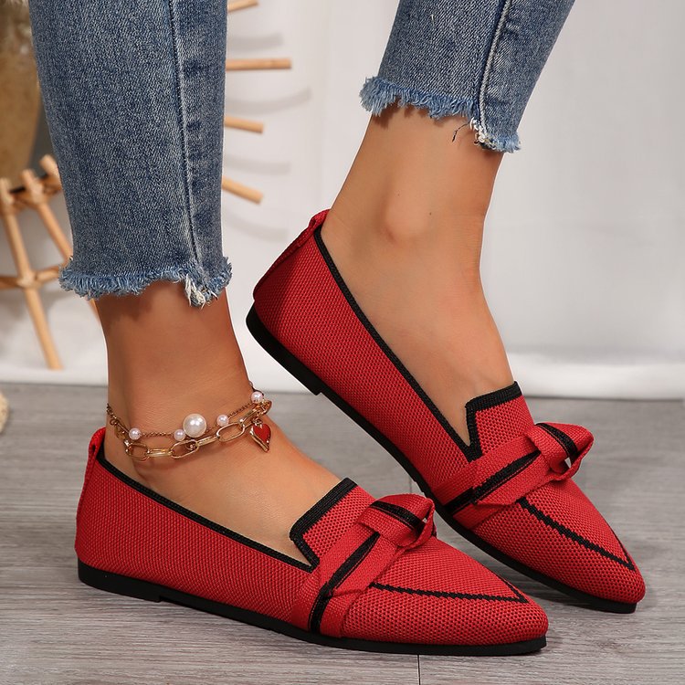 Women’s Flat Shoes – Pointed Toe – Soft Knit – Slip-On with Knot Detail – Versatile Fit Red