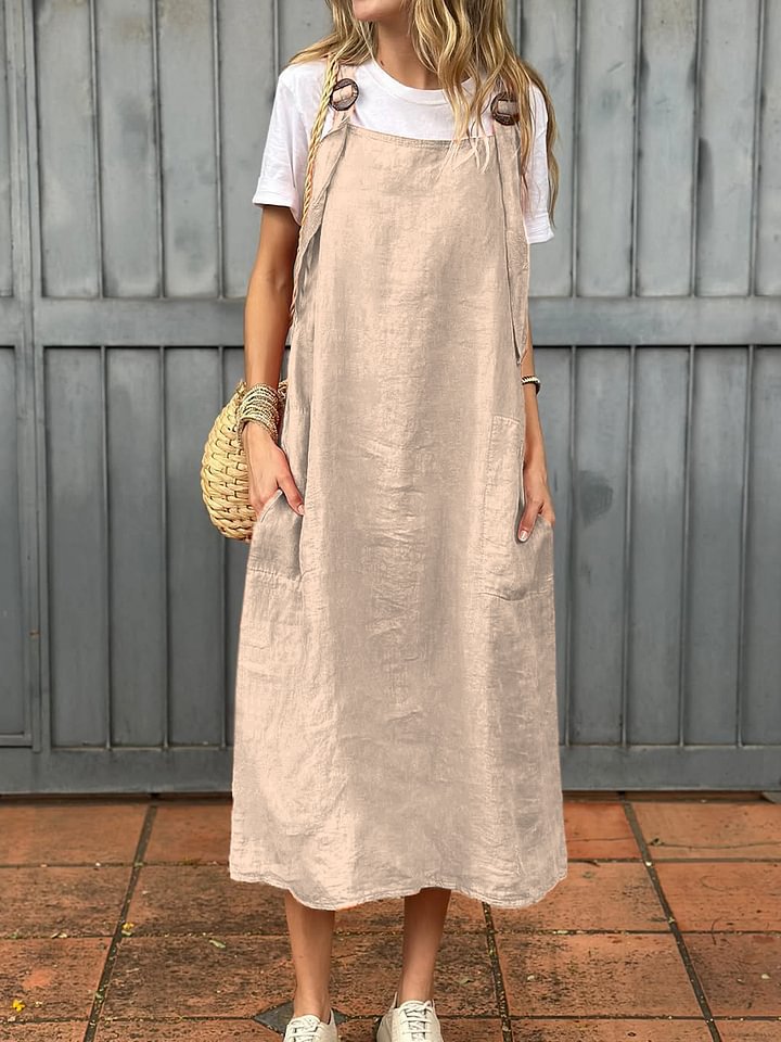 Women’s Midi Dress – Relaxed Fit – Adjustable Straps – Front Pockets Apricot