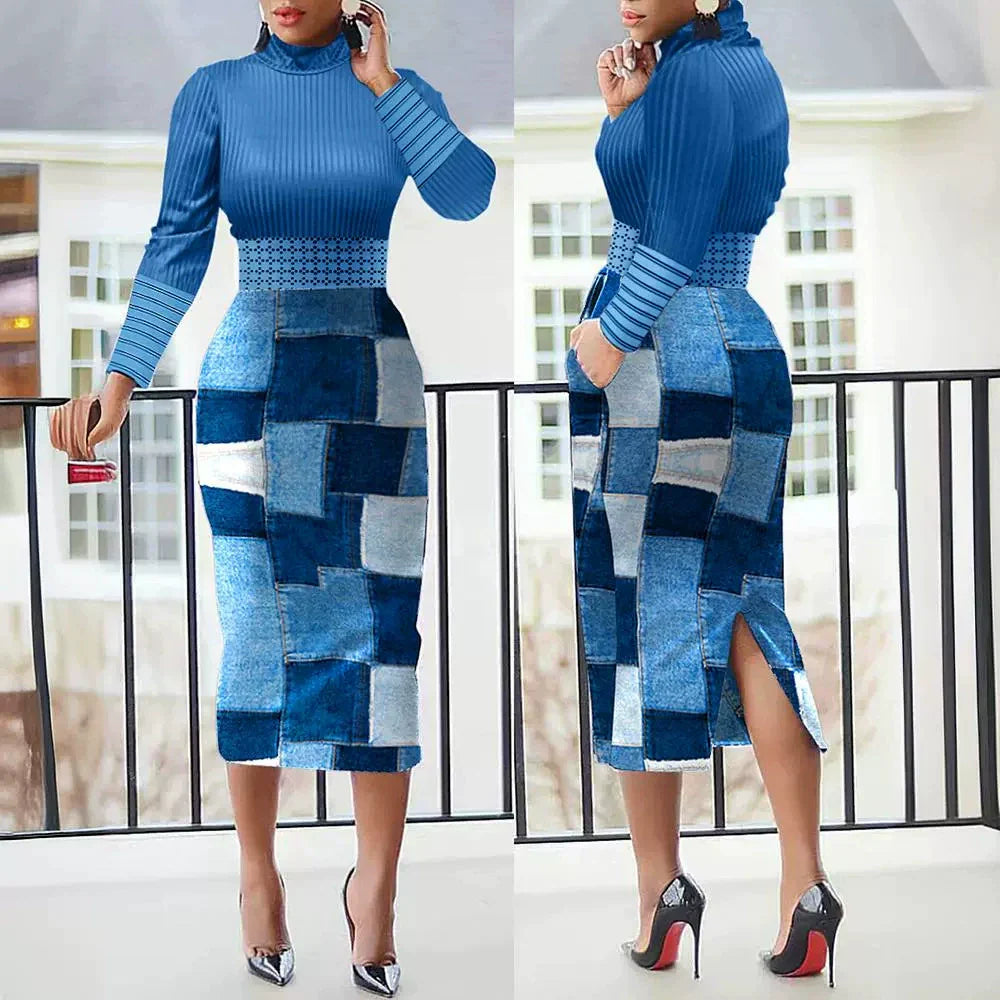 Women’s Midi Dress – Slim Fit – Polka Dot Stripe – Long Sleeve – Back Slit Elegant Style Blue