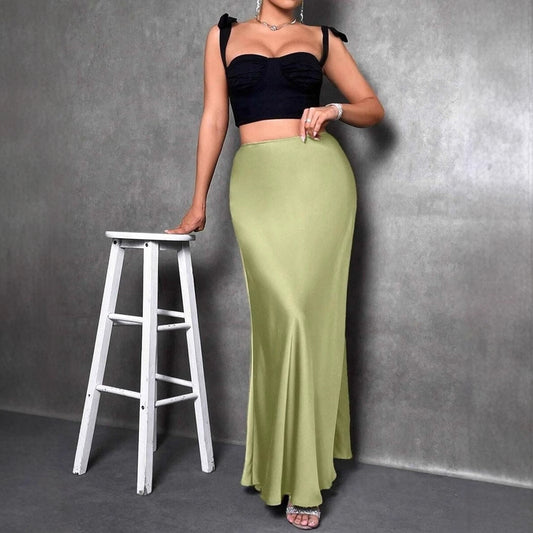 Women's Satin Maxi Skirt - Elegant Flared Hem, SlimFit