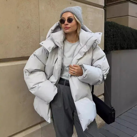 Women's Oversized Puffer Jacket - Quilted Water-Resistant Hooded Design - WinterEase