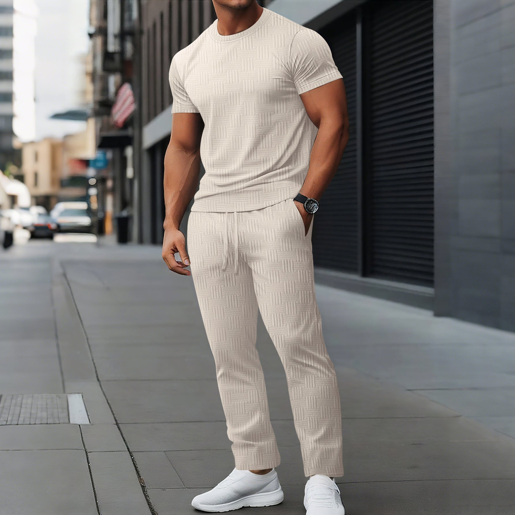 Men’s Athletic Trousers Set – Slim Fit – Stretch Fabric – Full Length Drawstring Waist Khaki