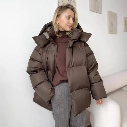 Women's Oversized Puffer Jacket - Quilted Water-Resistant Hooded Design - WinterEase