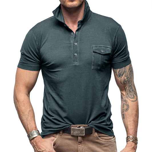 Men's Slim Fit Cotton Polo Shirt - Stand Collar Pocket - ModernEdge Dark Grey