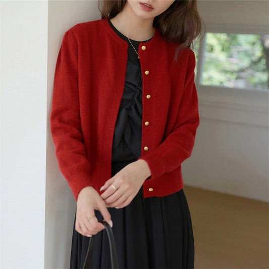 Women's Knitted Cardigan Retro Round Neck Elegant Gold Button - RetroChic