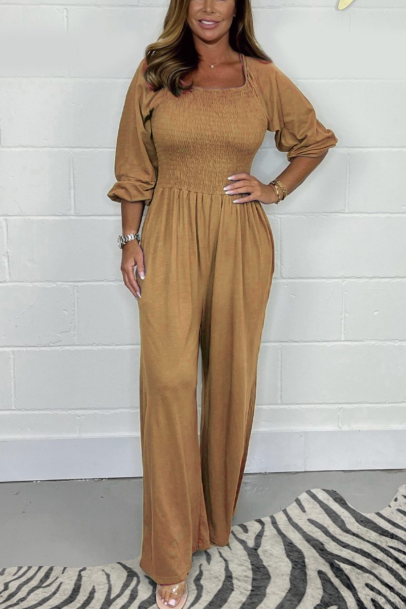 Women’s Jumpsuit – Smocked Bodice – Cotton Blend – Wide Leg – 3/4 Sleeve – Square Neck Khaki