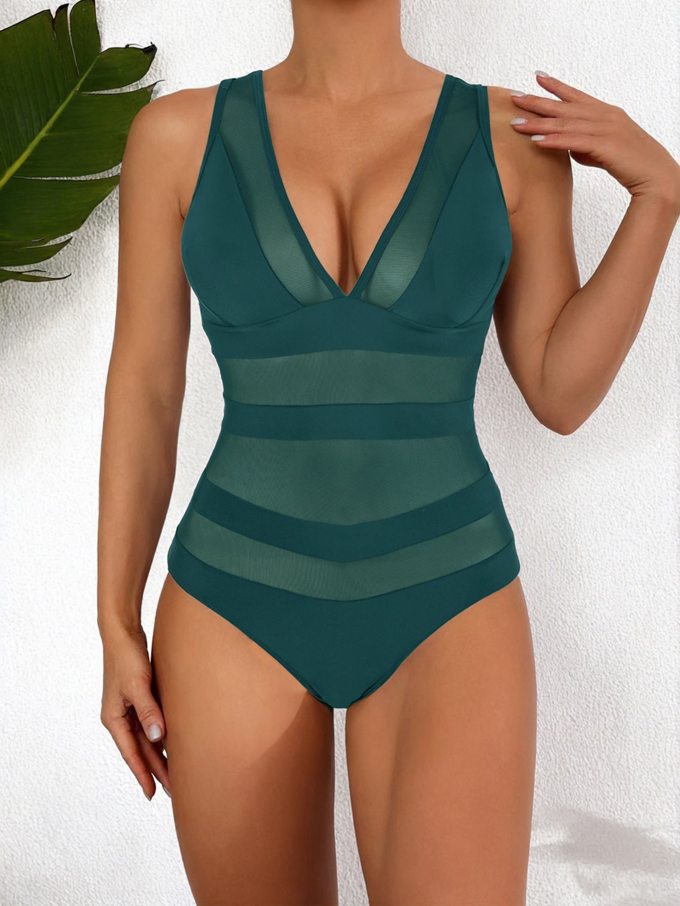Women’s One-Piece Swimsuit – Form-Fitting – Mesh – Deep V-Neck – Sleek Finish Peacock green