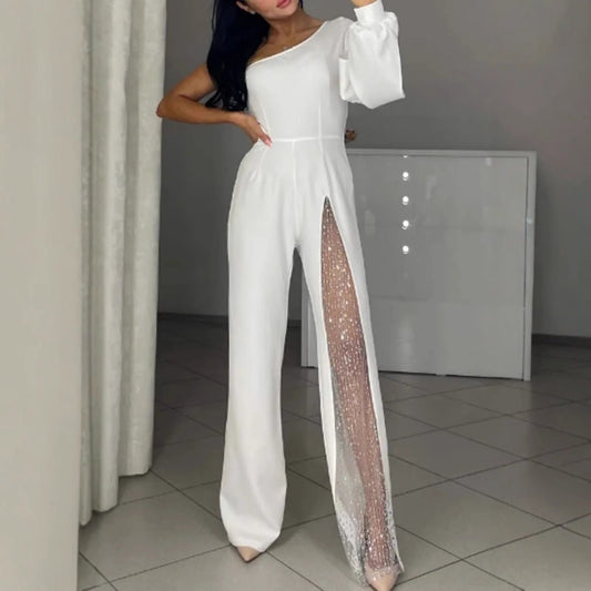 Women’s Jumpsuit – Slim Fit – Asymmetrical Neckline – Sequin Leg Panel – Full Length White