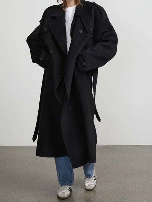 Women's Wool Blend Trench Coat - Oversized Belted Style - UrbanChic