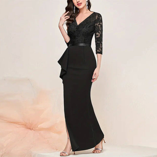 Women’s Evening Dress – Fitted Silhouette – Lace Bodice – High Slit – Ruffle Detail Black