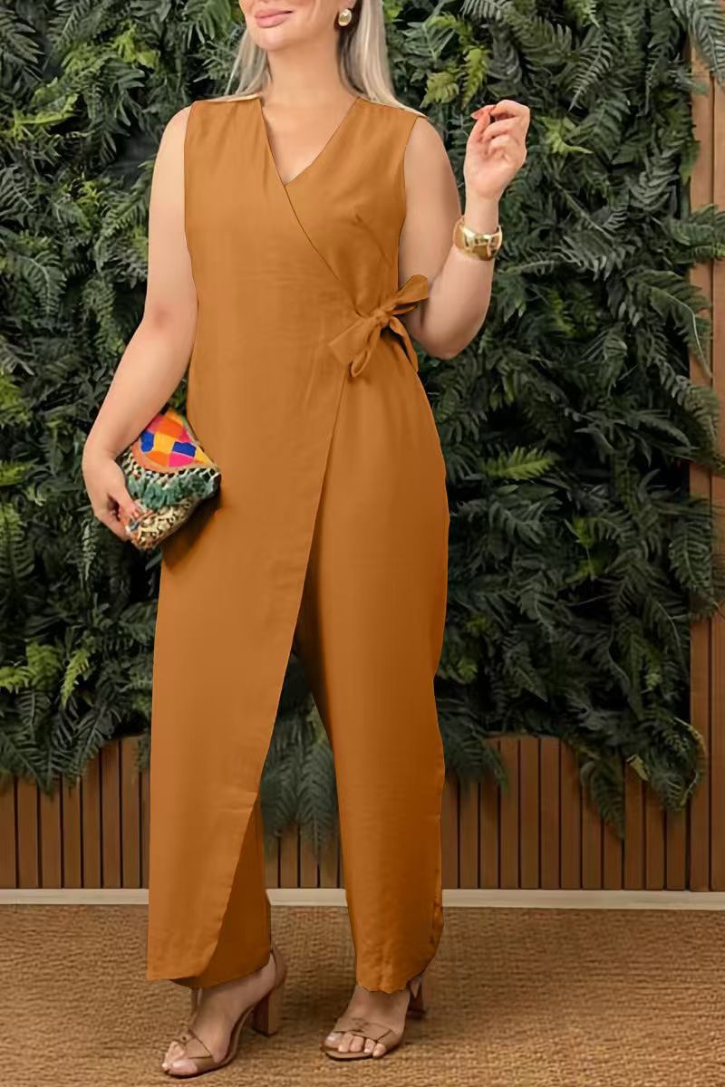 Women’s Jumpsuit – Wrap V-Neck – Tie Waist – Sleeveless – Wide Leg Cotton Blend Light Brown