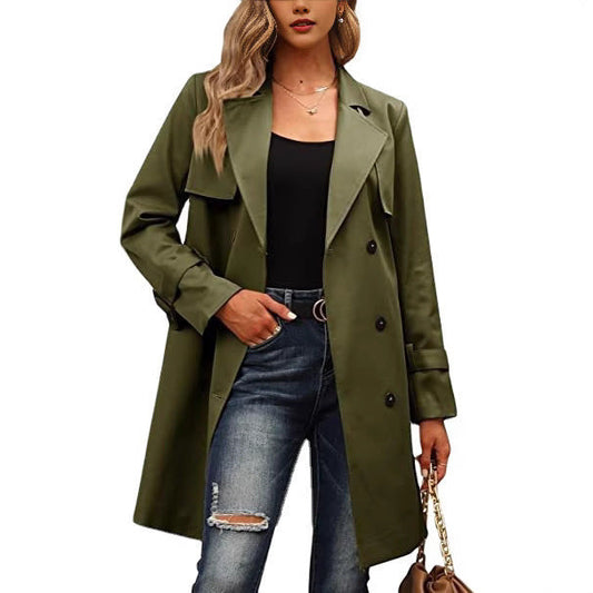 Women's Wool Blend Coat - Tailored Double-Breasted Elegance - WinterMuse Green