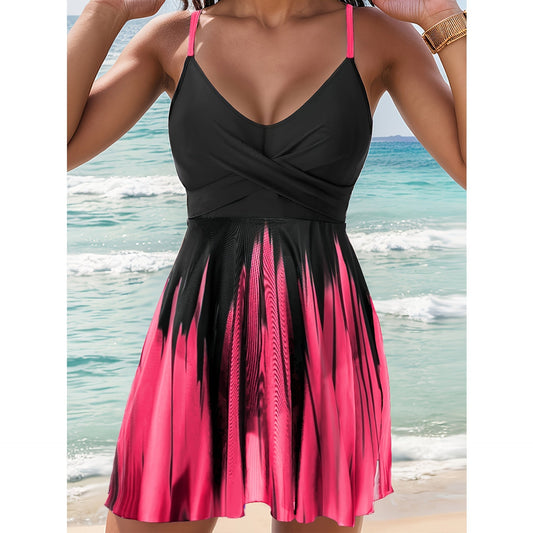 Women’s Swim Dress – Wrap Bodice – A-Line Fit – Quick-Dry Fabric – Adjustable Straps Magenta
