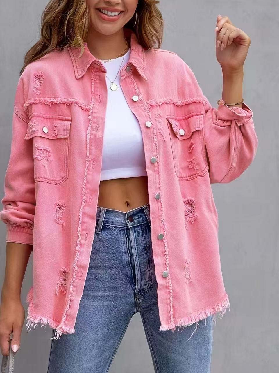 Women’s Denim Jacket – Oversized Fit – Distressed Mid Length – Casual Layering Piece New Pink