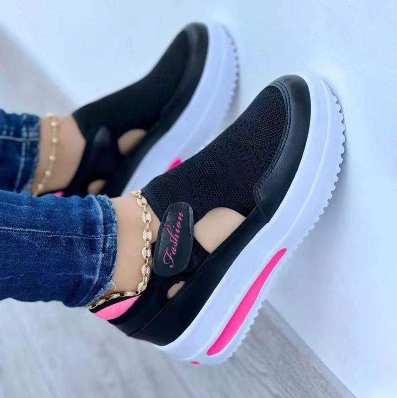 Women’s Low-Top Sneakers – Chunky Sole – Velcro Strap – Casual Fit Black
