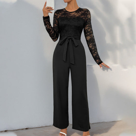 Women’s Jumpsuit – Lace Bodice – Long Sleeve – Wide Leg – Waist Tie – Formal Fit Black