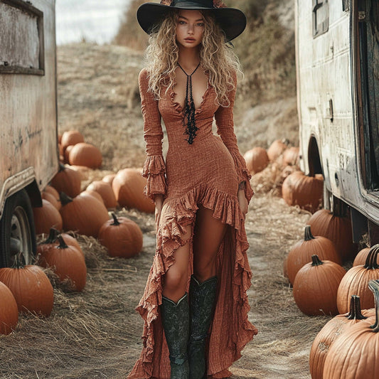 Women’s Maxi Dress – Slim Fit – Crinkled Fabric – Ruffled Long Sleeve – High-Low Hem Orange