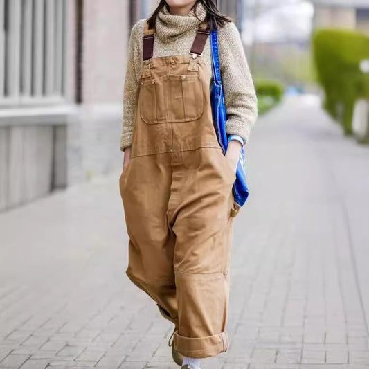 Women’s Overalls – Relaxed Fit – Cotton – Adjustable Straps – Full Length – Pocket Detail Brown