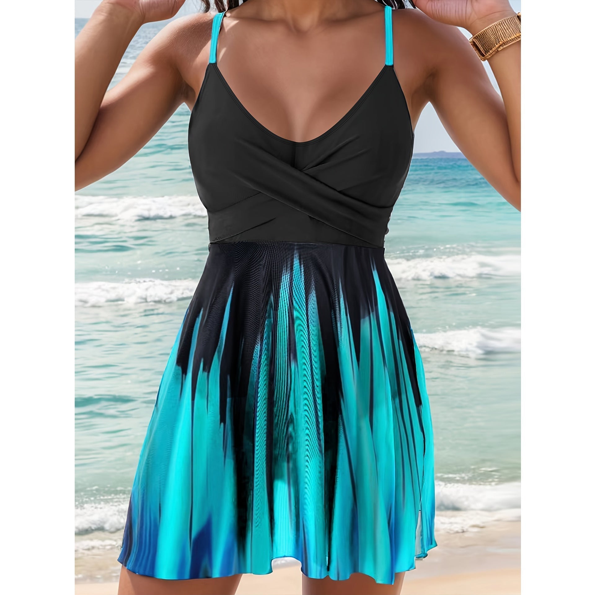 Women’s Swim Dress – Wrap Bodice – A-Line Fit – Quick-Dry Fabric – Adjustable Straps Blue