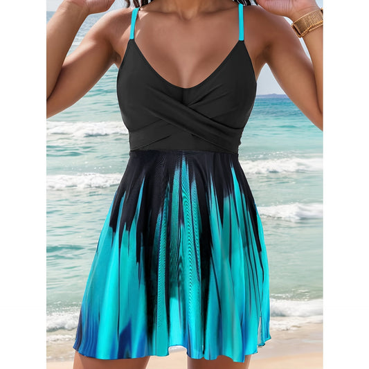 Women’s Swim Dress – Wrap Bodice – A-Line Fit – Quick-Dry Fabric – Adjustable Straps Blue