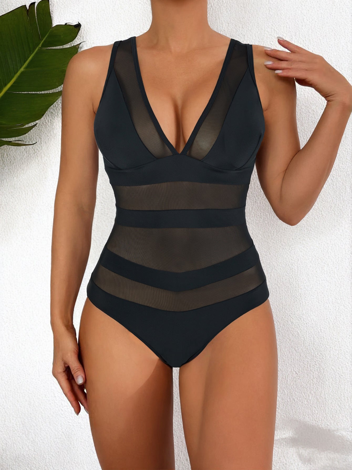 Women’s One-Piece Swimsuit – Form-Fitting – Mesh – Deep V-Neck – Sleek Finish Black
