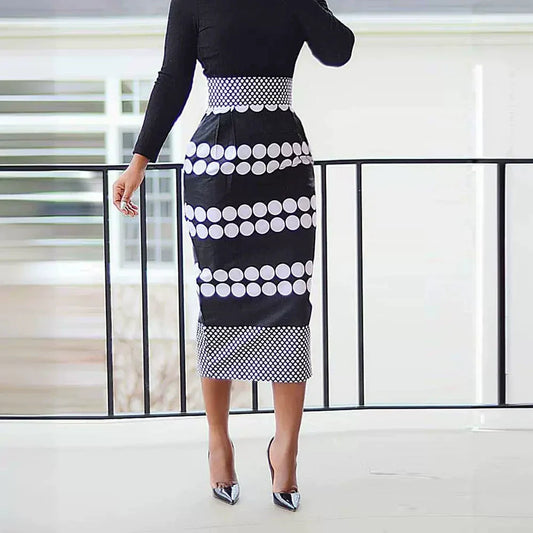 Women’s Midi Dress – Slim Fit – Polka Dot Stripe – Long Sleeve – Back Slit Elegant Style