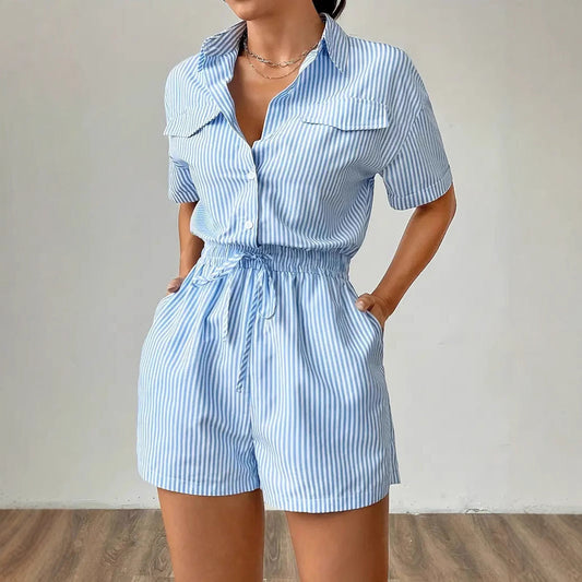 Women's Striped Romper Button-Front Cinched-Waist - BreezyDay