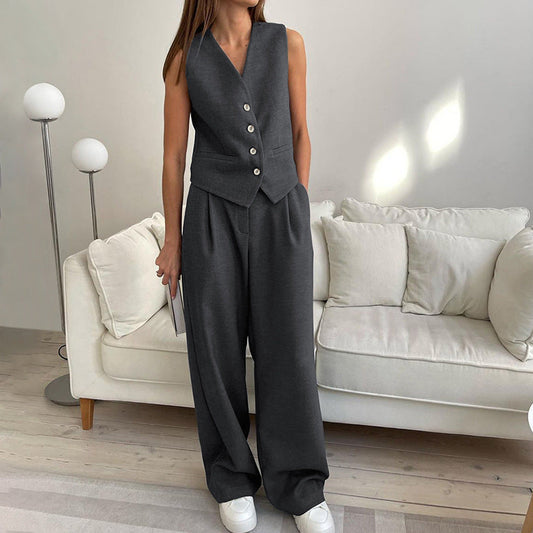 Women's Vest and Wide-Leg Pant Set - Chic Tailored Fit - ButtonBelle