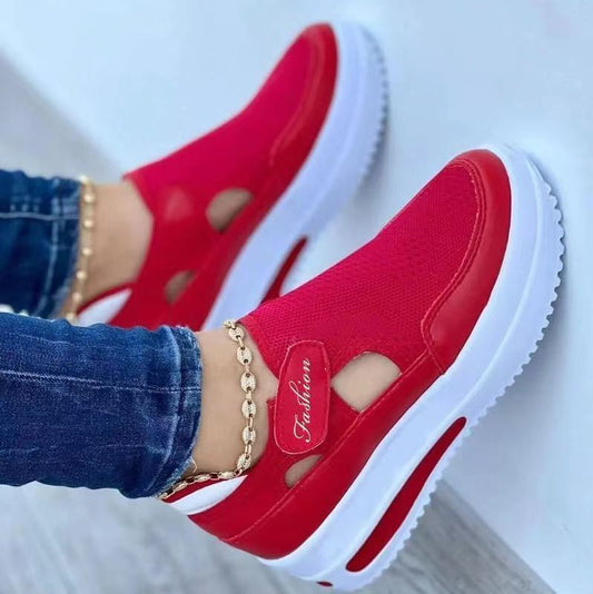 Women’s Low-Top Sneakers – Chunky Sole – Velcro Strap – Casual Fit Red