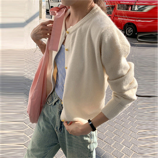 Women's Knitted Cardigan Retro Round Neck Elegant Gold Button - RetroChic