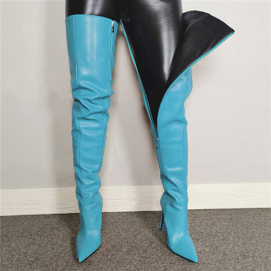 Women’s Over-the-Knee Boots – High Heel – Pointed Toe – Glossy Finish – Sleek Fit Blue