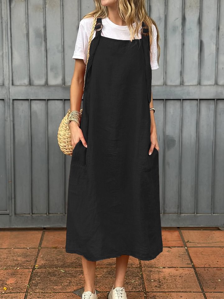 Women’s Midi Dress – Relaxed Fit – Adjustable Straps – Front Pockets Black