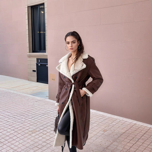 Women's Plush Lined Tailored Long Coat - CoutureMode Brown