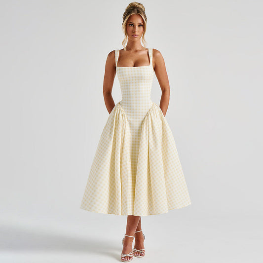 Women's Checkered Midi Dress - Elegant Princess Silhouette - Checkmate Charm