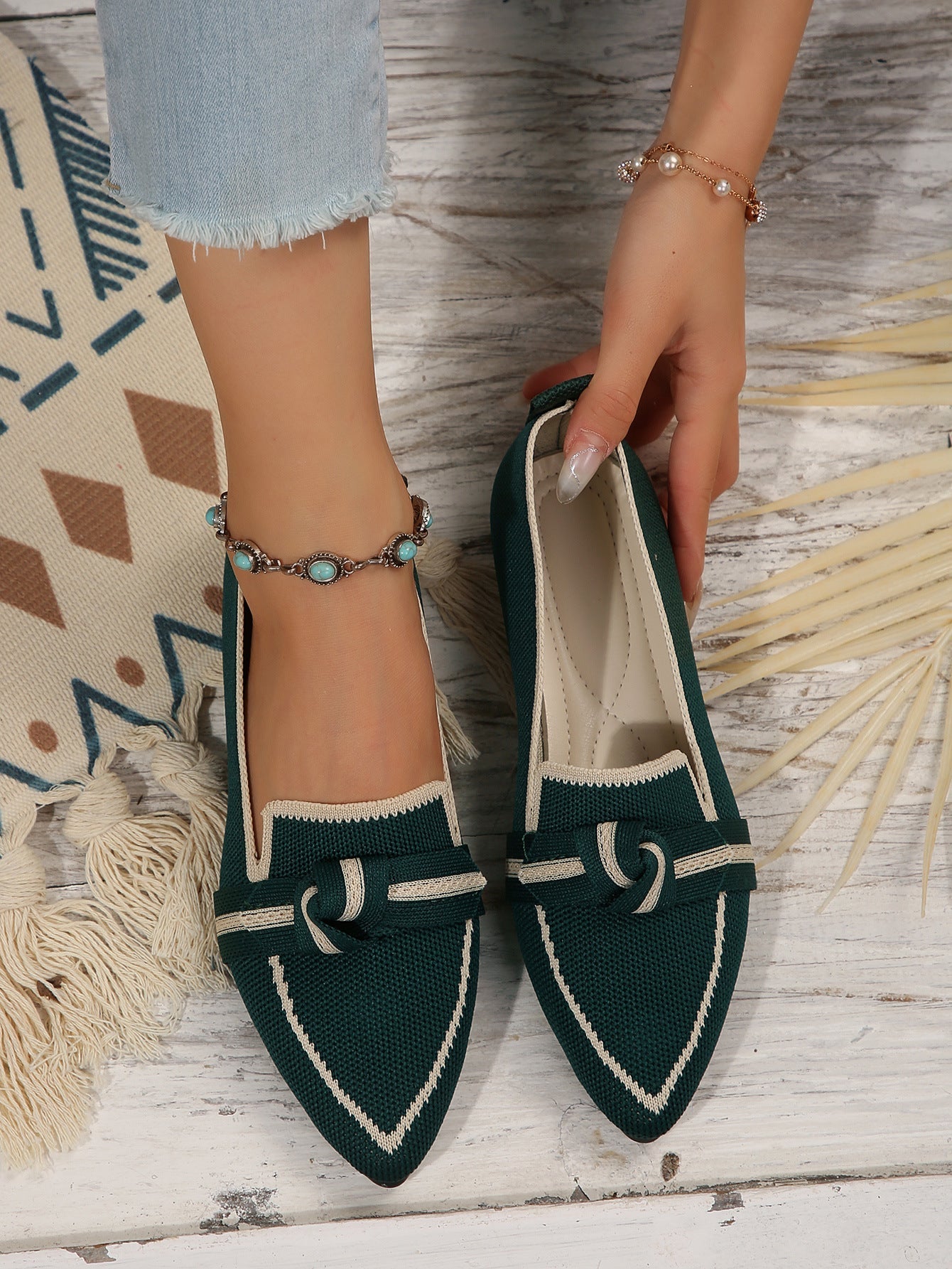 Women’s Flat Shoes – Pointed Toe – Soft Knit – Slip-On with Knot Detail – Versatile Fit Dark Green