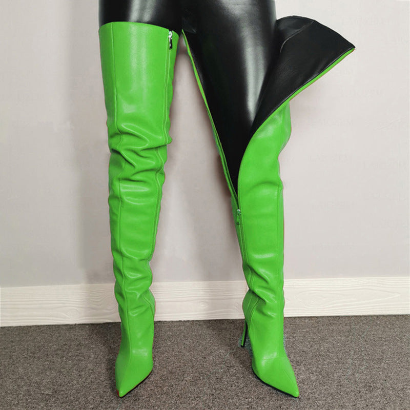 Women’s Over-the-Knee Boots – High Heel – Pointed Toe – Glossy Finish – Sleek Fit Green