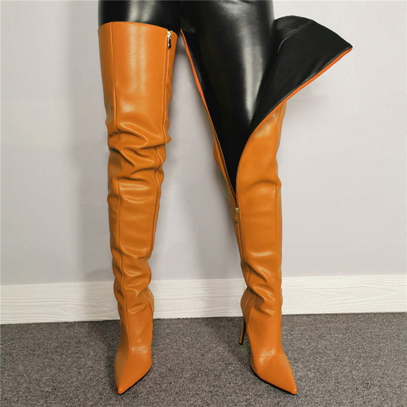 Women’s Over-the-Knee Boots – High Heel – Pointed Toe – Glossy Finish – Sleek Fit Orange