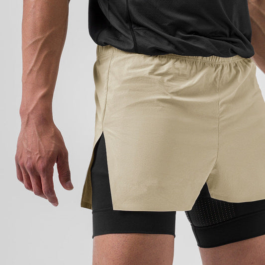 Men’s Athletic Shorts – Dual Layer – Compression Fit – Breathable Stretch Fabric Apricot