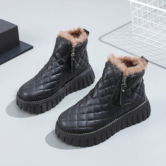 Women’s Ankle Boots – Quilted Upper – Faux Fur Lining – Side Zip Platform Sole Black