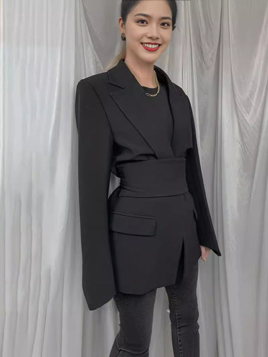 Longline Blazer for Women, Tailored Fit with Self-Tie - WaistDefined