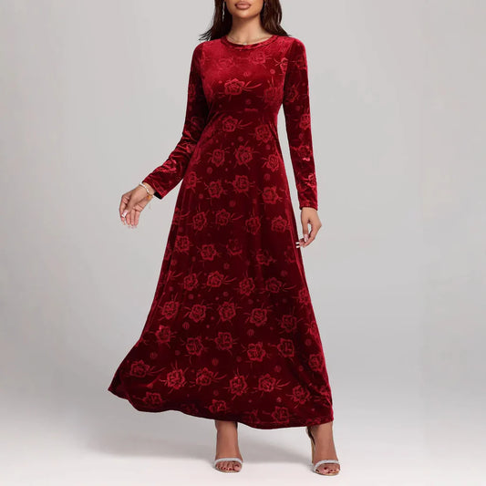 Women’s Maxi Dress – Velvet – A-Line Fit – Floral Embossed – Long Sleeve Elegant Wear Wine Red
