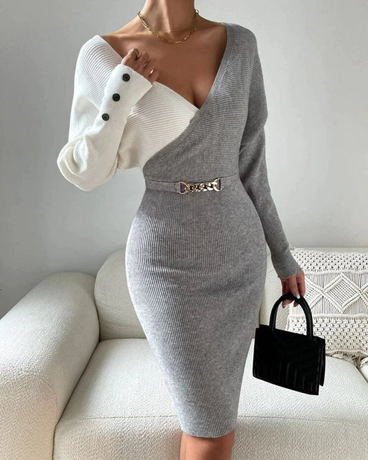 Women’s Midi Dress – Slim Fit – Ribbed Knit – Asymmetrical Sleeve Gray
